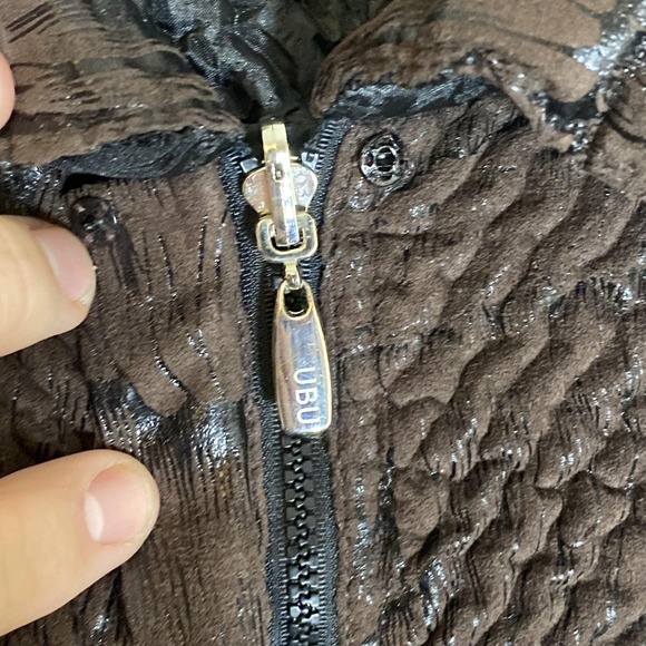 UBU Jacket Womens PL Brown Crinkle Quilted Textured Full Zip Collared Petite - Picture 12 of 16